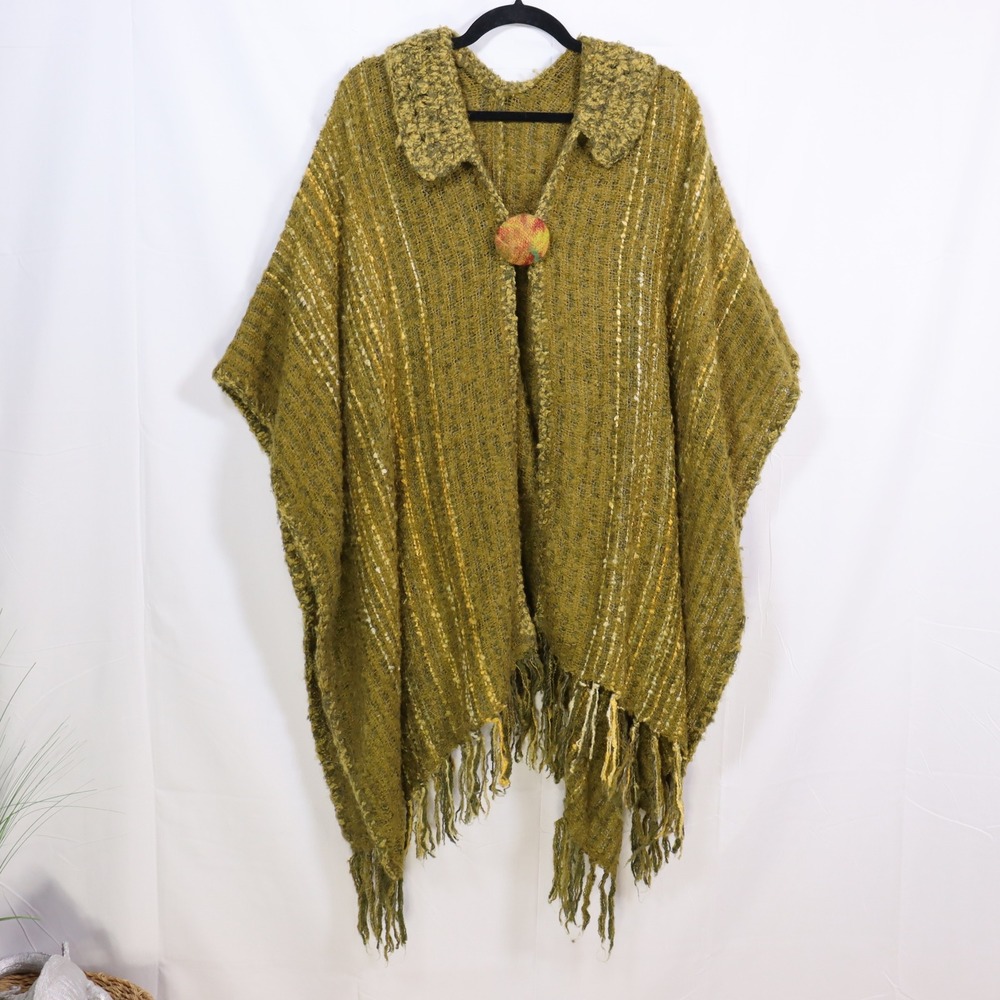 Handmade Olive Green Knit Fringe Poncho Cape One Size Boho Cottagecore